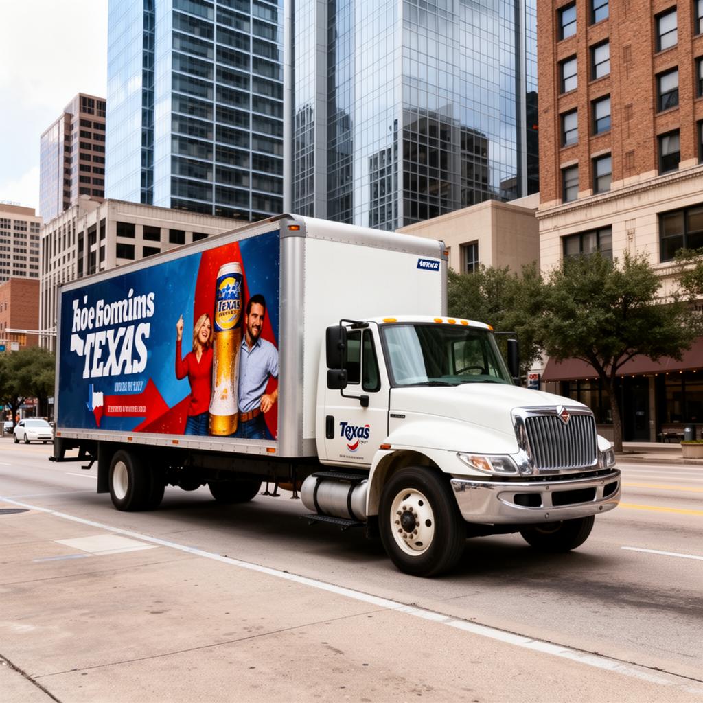 Box truck with advertising wrap in a downtown city