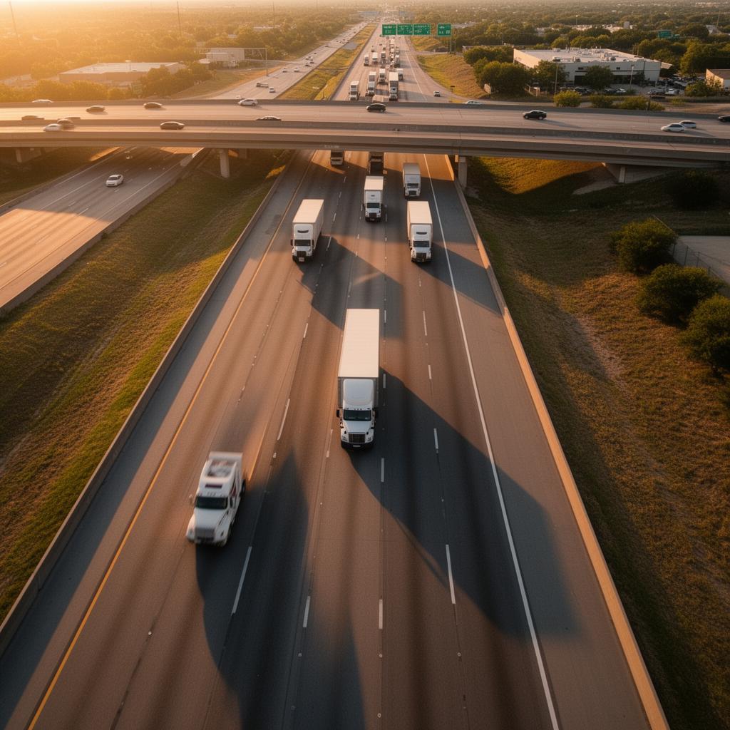 Aerial view of commercial trucks on a Texas interstate