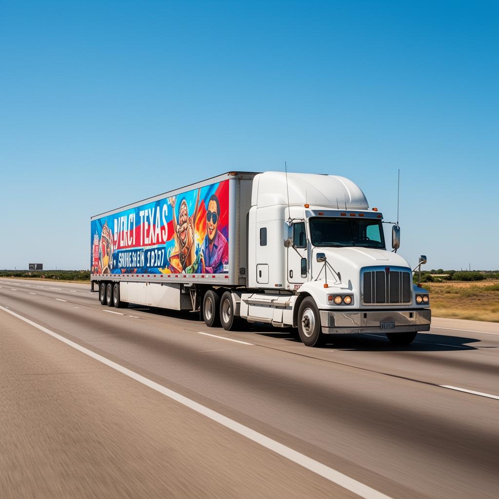 Semi-trailer with full advertising wrap on a Texas highway